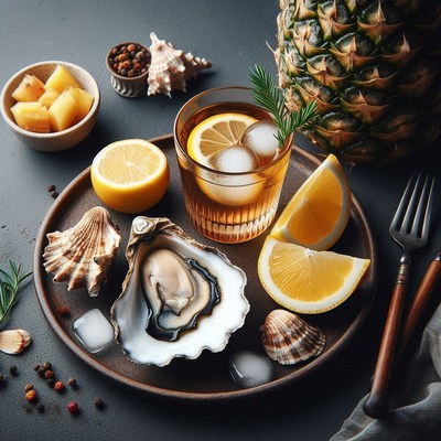 A plate of oysters, lemons, and a glass of iced tea