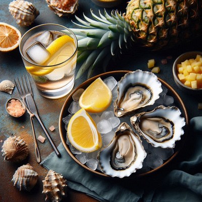 Oysters on ice with lemon wedges and a glass of water