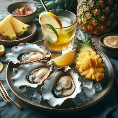 Fresh oysters on ice with pineapple and a citrus drink