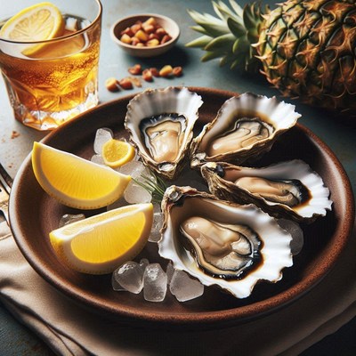 Fresh oysters on ice with lemon wedges