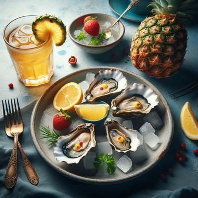 Fresh oysters on ice with lemon wedges