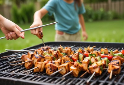 Kids grill chicken and vegetables on skewers
