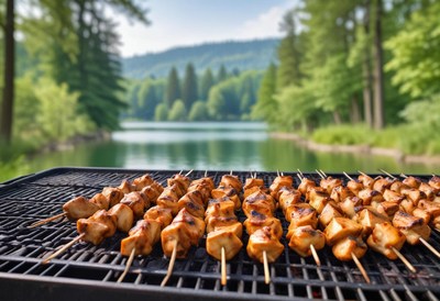Grilled chicken skewers by a lake