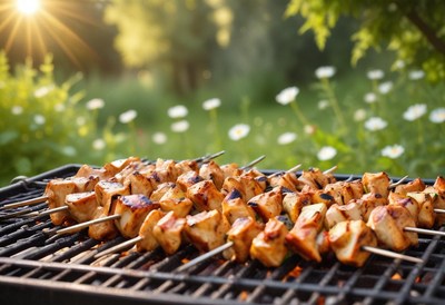 Grilled chicken skewers on a sunny afternoon