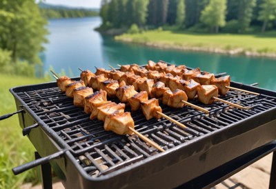 Grilled skewers on a sunny day by the lake