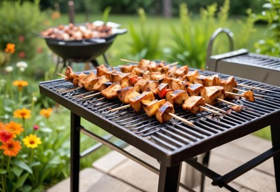 Chicken and peppers grilling on a small grill in a backyard