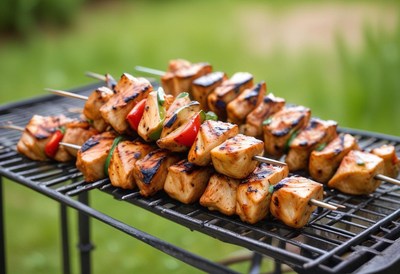 Grilled chicken and vegetable skewers on a grill