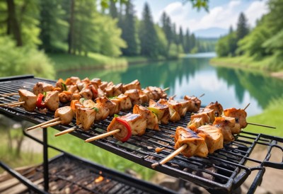 Grilled skewers by a lake on a sunny day