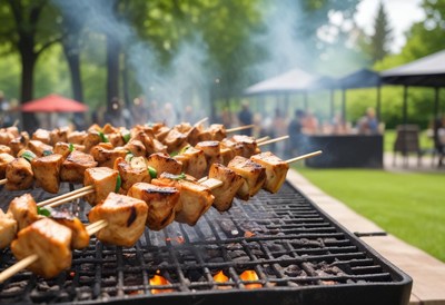 Grilled skewers cook over hot coals at a summer barbecue