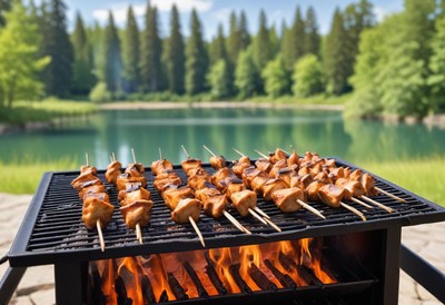 Grilled skewers cooking over a fire by a lake