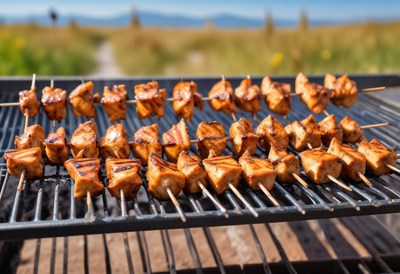 Grilled skewers cooking on a sunny day