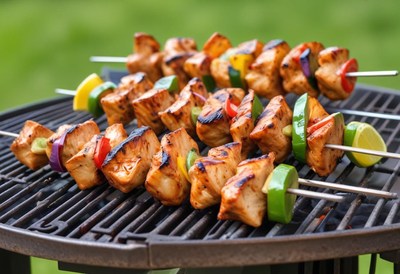 Chicken and vegetable skewers grilling on a hot grill