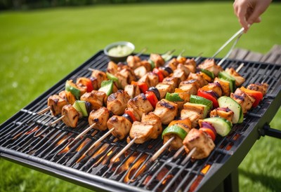 Grilled chicken and vegetable skewers on a hot grill