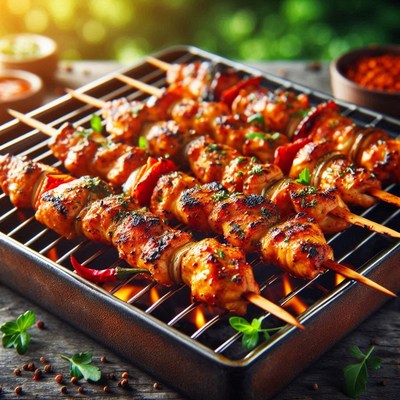 Grilled chicken skewers on a barbecue