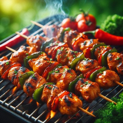Chicken and pepper skewers are grilling on a hot grill