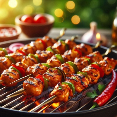 Chicken skewers grilling over hot coals