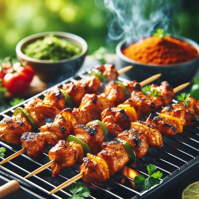 Grilled chicken skewers with peppers cook over a grill