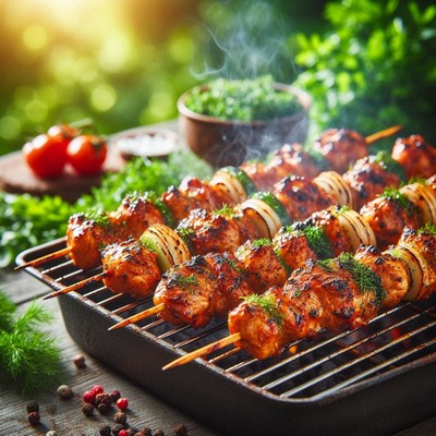 Grilled chicken skewers with onions and herbs
