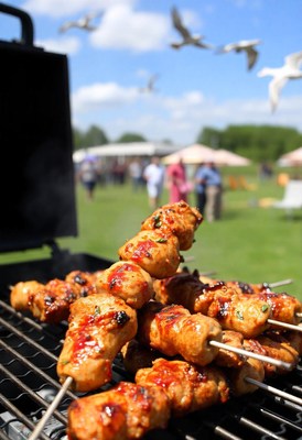 Grilled chicken skewers cook over a hot grill on a sunny day