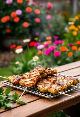 Grilled chicken skewers on a table with flowers