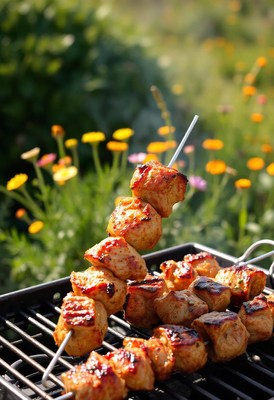 Grilled skewers of meat on a sunny day