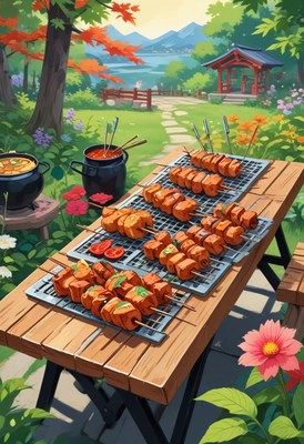 Skewers on a picnic table in a serene setting