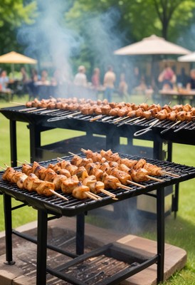 Grilled skewers on a barbecue in the park