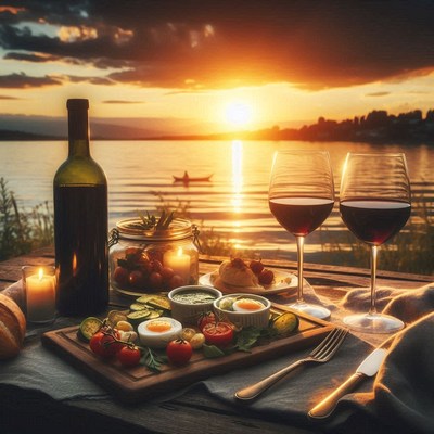 A romantic dinner by the lake at sunset