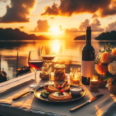 A romantic dinner by the water at sunset