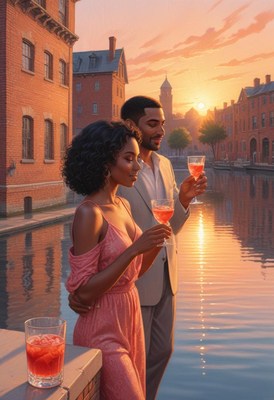 A couple enjoys drinks at sunset on a canal