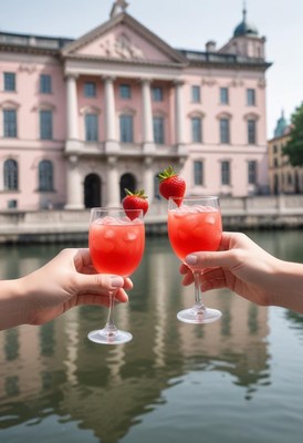 Two people toast with strawberry cocktails by a canal