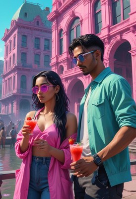 A couple enjoys a drink in a pink city