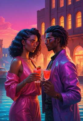 A couple enjoys cocktails at sunset in a city by the water
