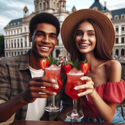 A couple toasts with strawberry cocktails in the city