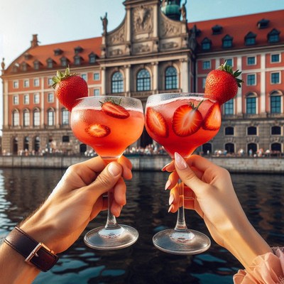 Two toast with strawberry drinks by a historic building