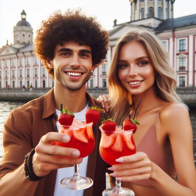 A couple enjoys strawberry cocktails on a sunny day