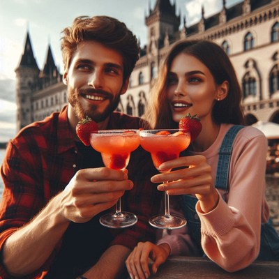 A couple toasts with cocktails in front of a castle