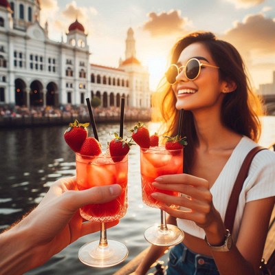 A woman smiles while toasting with a drink in the evening