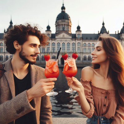A couple toasts with cocktails by the river