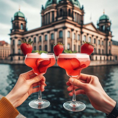 Two strawberry cocktails in front of the berlin cathedral