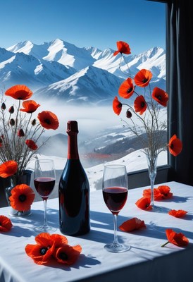 Wine and poppies enjoyed in a mountain cabin