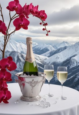 Champagne and orchids on a snowy mountaintop