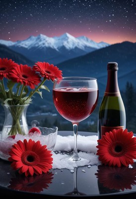 Wine and champagne on a snowy mountain table