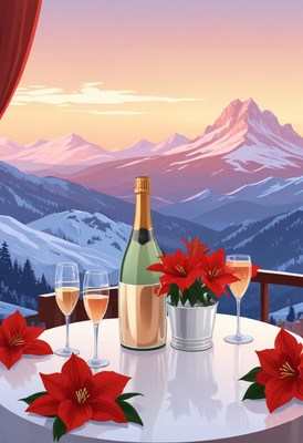 Champagne toast overlooking snowy mountains at sunset