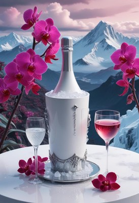 Champagne in an ice bucket by a mountain view