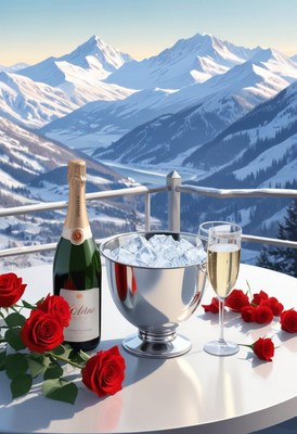 A bottle of champagne sits in an ice bucket on a table