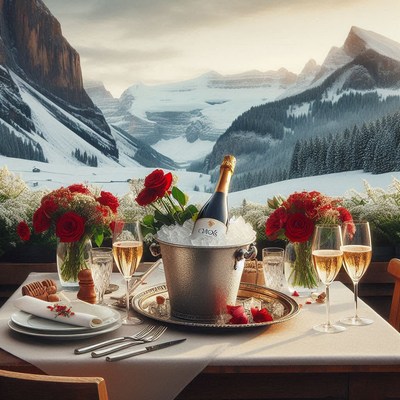 A romantic dinner in the mountains with champagne and roses