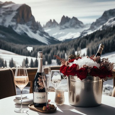 Champagne and roses on a snowy mountaintop