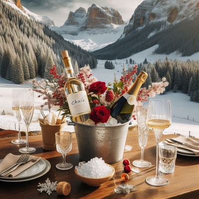 A snowy mountain view with a romantic dinner setting