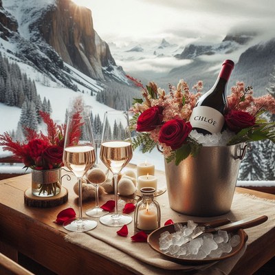 Two glasses of wine with a mountain view